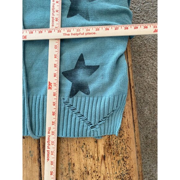 Pol Womens Hooded Star Knit Sweater Large Teal Distressed Drawstring Pullover - Picture 6 of 6
